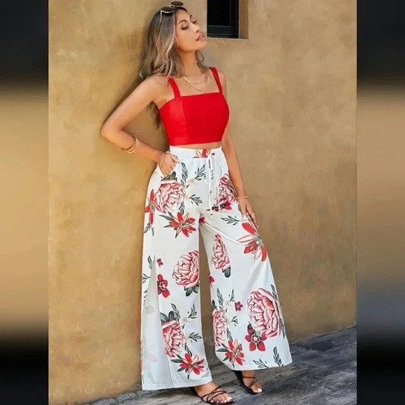 Summer Solid Cami Top & Floral Print Split Thigh Pants Two Piece Set - Picture 6 of 6